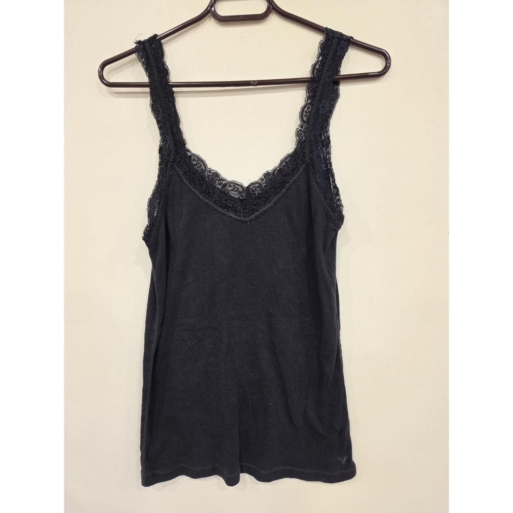 Y2K American Eagle Ribbed Tank Top Cami XL Black Womens Fitted Bella
